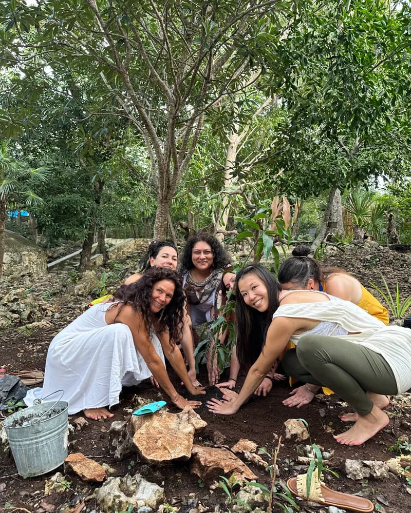Grupo plantando un árbol en comunidad en Pepem Holistic Retreats, Tulum
